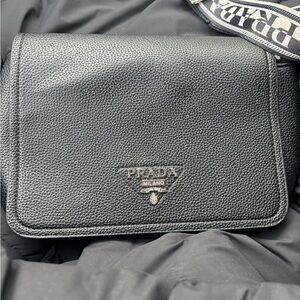 Prada Black Pebbled Leather Crossbody with Branded Woven Strap